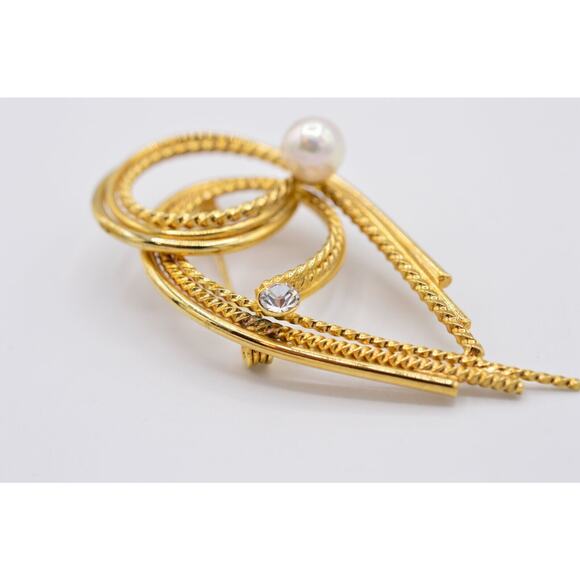 Vintage Pin Brooch Gold Rhinestone White Pearl Abstract 1980s 9B - Picture 10 of 12